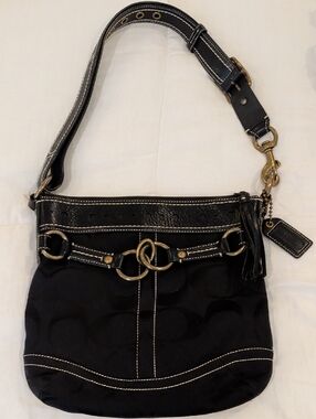 authentic Coach Black Signature Canvas Shoulder Bag with Brass Hardware